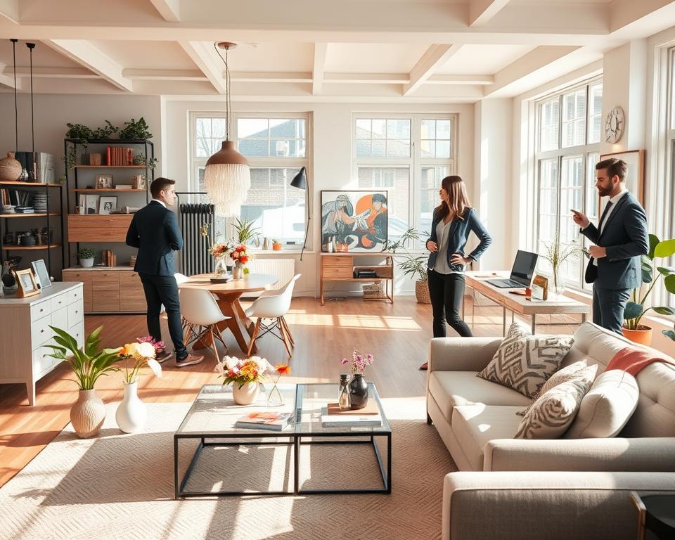 A beautifully arranged interior space showcasing various design styles. In the foreground, a chic living room features a cozy sofa and modern coffee table, adorned with fresh flowers and stylish decor pieces. The middle ground showcases different zones: a rustic dining area with wooden elements and soft lighting, an elegant workspace with a minimalistic desk and potted plants, and a vibrant corner with bold artwork. The background reveals large windows allowing natural light to flood the space, enhancing the warmth and inviting atmosphere. Soft shadows create depth, while a neutral color palette evokes tranquility. The overall mood should feel harmonious, reflecting a blend of comfort and sophistication, with professional individuals dressed in smart casual attire engaging with the space. A beautifully arranged interior space showcasing various design styles. In the foreground, a chic living room features a cozy sofa and modern coffee table, adorned with fresh flowers and stylish decor pieces. The middle ground showcases different zones: a rustic dining area with wooden elements and soft lighting, an elegant workspace with a minimalistic desk and potted plants, and a vibrant corner with bold artwork. The background reveals large windows allowing natural light to flood the space, enhancing the warmth and inviting atmosphere. Soft shadows create depth, while a neutral color palette evokes tranquility. The overall mood should feel harmonious, reflecting a blend of comfort and sophistication, with professional individuals dressed in smart casual attire engaging with the space.