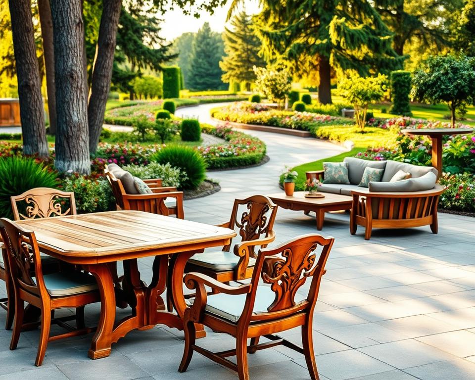 A beautifully arranged outdoor patio featuring various types of elegant teak garden furniture, set in a serene garden environment. In the foreground, a polished teak dining table with intricately designed chairs, adorned with soft cushions in muted colors. In the middle ground, a cozy teak lounge set with a deep seating sofa, complemented by a rustic coffee table, surrounded by lush greenery and flowering plants. The background showcases tall trees and a gentle pathway leading to a blooming flower bed, bathed in warm, golden afternoon sunlight. The scene conveys a sense of sophistication and tranquility, perfect for relaxation and enjoying nature. Capture the image from a slightly elevated angle to highlight the furniture arrangement and the garden ambiance.
