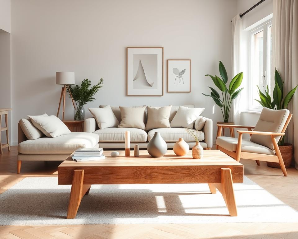 A beautifully designed Scandinavian interior featuring functional and aesthetic furniture. In the foreground, a stylish, minimalist coffee table made of natural wood with a few carefully arranged decorative items. In the middle, a cozy sofa adorned with soft, neutral-colored cushions, paired with a sleek armchair. The light from a large window gently illuminates the room, creating a warm and inviting atmosphere. In the background, light-colored walls with simple, elegant art pieces, and potted plants adding a touch of greenery. The lens captures the scene at a slight angle to emphasize depth, evoking a sense of calm and simplicity, characteristic of Scandinavian design. A beautifully designed Scandinavian interior featuring functional and aesthetic furniture. In the foreground, a stylish, minimalist coffee table made of natural wood with a few carefully arranged decorative items. In the middle, a cozy sofa adorned with soft, neutral-colored cushions, paired with a sleek armchair. The light from a large window gently illuminates the room, creating a warm and inviting atmosphere. In the background, light-colored walls with simple, elegant art pieces, and potted plants adding a touch of greenery. The lens captures the scene at a slight angle to emphasize depth, evoking a sense of calm and simplicity, characteristic of Scandinavian design.