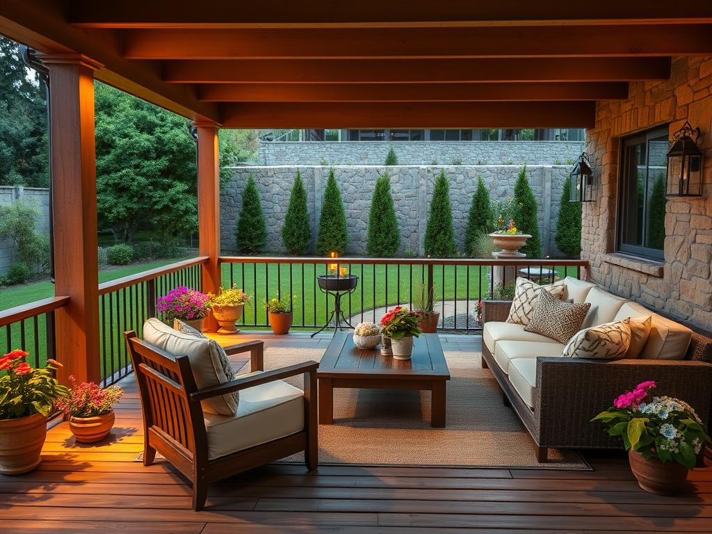 A beautifully designed outdoor living space, with a cozy seating area on a wooden deck overlooking a lush, well-manicured garden. Soft, warm lighting illuminates the scene, creating a inviting and welcoming atmosphere. Potted plants and vibrant flowers line the deck, adding pops of color and a touch of nature. A large, comfortable patio sofa and matching armchairs are arranged around a low, wooden coffee table, encouraging relaxation and conversation. In the background, a stone wall or fence frames the scene, providing a sense of privacy and seclusion. The overall composition evokes a sense of tranquility and a perfect retreat from the everyday, ready to welcome guests and family alike. A beautifully designed outdoor living space, with a cozy seating area on a wooden deck overlooking a lush, well-manicured garden. Soft, warm lighting illuminates the scene, creating a inviting and welcoming atmosphere. Potted plants and vibrant flowers line the deck, adding pops of color and a touch of nature. A large, comfortable patio sofa and matching armchairs are arranged around a low, wooden coffee table, encouraging relaxation and conversation. In the background, a stone wall or fence frames the scene, providing a sense of privacy and seclusion. The overall composition evokes a sense of tranquility and a perfect retreat from the everyday, ready to welcome guests and family alike.