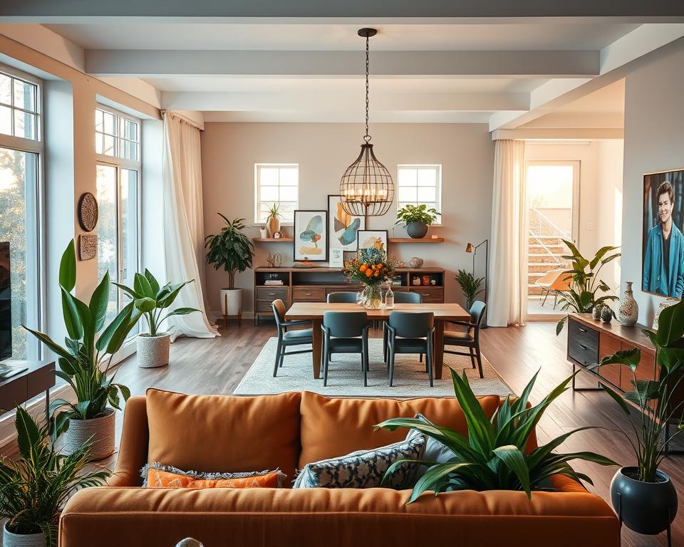 A beautifully organized interior showcasing popular design styles, capturing a blend of modern and classic aesthetics. In the foreground, a cozy living area features a sleek sofa in warm tones, surrounded by stylish decor and vibrant plants. The middle layer includes a dining area with a rustic wooden table, elegant dining chairs, and an eye-catching chandelier, enhancing the inviting atmosphere. In the background, large windows let in soft, natural light, illuminating the space and creating a warm glow. The overall mood is harmonious and inviting, highlighting the essence of various interior design styles. The scene is photographed from a slightly elevated angle, with a focus on clarity and detail, making the space feel both expansive and intimate. A beautifully organized interior showcasing popular design styles, capturing a blend of modern and classic aesthetics. In the foreground, a cozy living area features a sleek sofa in warm tones, surrounded by stylish decor and vibrant plants. The middle layer includes a dining area with a rustic wooden table, elegant dining chairs, and an eye-catching chandelier, enhancing the inviting atmosphere. In the background, large windows let in soft, natural light, illuminating the space and creating a warm glow. The overall mood is harmonious and inviting, highlighting the essence of various interior design styles. The scene is photographed from a slightly elevated angle, with a focus on clarity and detail, making the space feel both expansive and intimate.