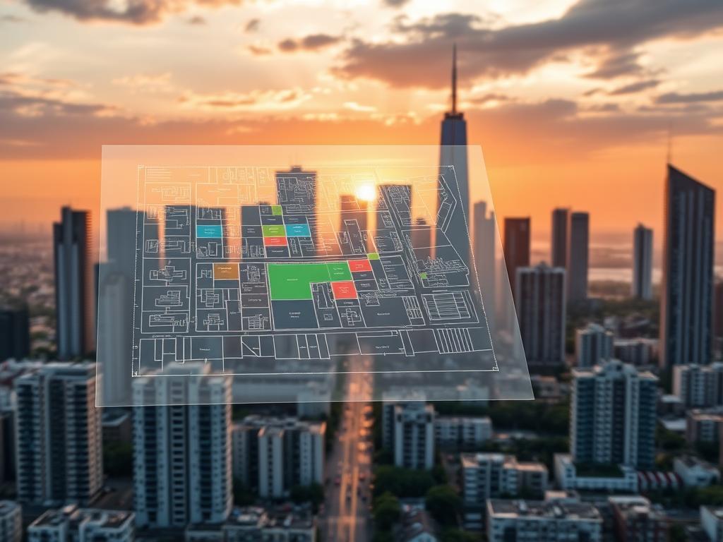 A bustling city skyline, with modern high-rise buildings and residential towers bathed in the warm glow of a golden hour sunset. In the foreground, a transparent overlay shows a digital blueprint of the urban development plan, with color-coded zoning areas and detailed architectural renderings. The blueprint seems to float effortlessly, integrating seamlessly with the real-world cityscape. A sense of progress and innovation pervades the scene, conveying the ease and accessibility of online urban planning resources. Crisp, high-resolution rendering with a cinematic depth of field, capturing the forward-thinking spirit of "Bebauungspläne online" and the benefits it offers to city dwellers.