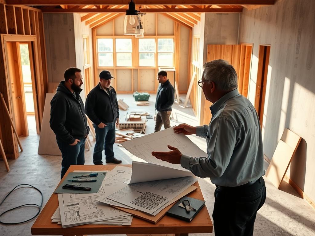 A bustling construction site with workers collaborating, blueprints spread across a table, and an architect gesturing animatedly. Warm, natural lighting filters through the half-finished walls, casting soft shadows. In the background, a partially constructed new wing of the home is visible, showcasing the progress of the renovation project. The overall atmosphere conveys a sense of productive communication, planning, and teamwork essential for a successful home remodeling endeavor.