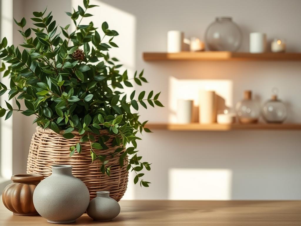 A carefully curated arrangement of sustainable designer home decor items, meticulously captured in soft, diffused lighting. In the foreground, a set of handcrafted ceramic vases in muted earthy tones, their organic shapes and textures conveying a sense of timeless elegance. In the middle ground, a woven rattan basket overflows with lush, verdant foliage, casting gentle shadows across the scene. In the background, a sleek, minimalist wooden shelf displays an assortment of artisanal candles and handblown glass ornaments, their gentle flickering creating a warm, inviting ambiance. The overall composition exudes a harmonious balance of natural materials, subtle colors, and thoughtful design, reflecting the essence of sustainable and eco-conscious interior decor. A carefully curated arrangement of sustainable designer home decor items, meticulously captured in soft, diffused lighting. In the foreground, a set of handcrafted ceramic vases in muted earthy tones, their organic shapes and textures conveying a sense of timeless elegance. In the middle ground, a woven rattan basket overflows with lush, verdant foliage, casting gentle shadows across the scene. In the background, a sleek, minimalist wooden shelf displays an assortment of artisanal candles and handblown glass ornaments, their gentle flickering creating a warm, inviting ambiance. The overall composition exudes a harmonious balance of natural materials, subtle colors, and thoughtful design, reflecting the essence of sustainable and eco-conscious interior decor.
