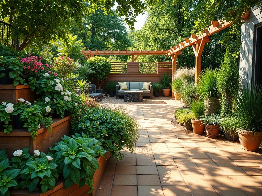 A carefully planned and lush terrace garden, showcasing a harmonious blend of vibrant greenery and thoughtfully designed hardscaping. In the foreground, a tiered planter system overflows with a variety of thriving flowering plants and cascading vines, casting gentle shadows on the warm, textured stone pavers below. The middle ground features a central seating area, surrounded by strategically placed potted shrubs and ornamental grasses, creating a sense of intimacy and seclusion. In the background, a slatted wooden pergola casts a warm, natural glow, complemented by the soft light filtering through the leafy canopy above. The overall scene exudes a serene, tranquil atmosphere, inviting the viewer to imagine themselves relaxing in this meticulously planned and cultivated Terrassengarten oasis. A carefully planned and lush terrace garden, showcasing a harmonious blend of vibrant greenery and thoughtfully designed hardscaping. In the foreground, a tiered planter system overflows with a variety of thriving flowering plants and cascading vines, casting gentle shadows on the warm, textured stone pavers below. The middle ground features a central seating area, surrounded by strategically placed potted shrubs and ornamental grasses, creating a sense of intimacy and seclusion. In the background, a slatted wooden pergola casts a warm, natural glow, complemented by the soft light filtering through the leafy canopy above. The overall scene exudes a serene, tranquil atmosphere, inviting the viewer to imagine themselves relaxing in this meticulously planned and cultivated Terrassengarten oasis.