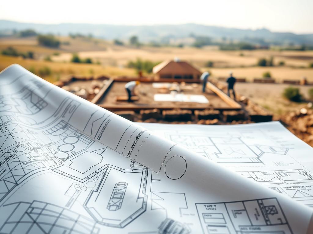 A construction plan layout showing the step-by-step process of building a house. In the foreground, an architectural blueprint unfurls, its technical diagrams and measurements conveying the intricate planning involved. In the middle ground, a site map outlines the foundation and floor plan, with workers diligently marking the ground. In the background, a serene landscape frames the scene, hinting at the future home taking shape. The lighting is soft and natural, creating a sense of calm and clarity. The overall tone is one of methodical organization and meticulous preparation, reflecting the careful consideration required in the initial stages of a home construction project. A construction plan layout showing the step-by-step process of building a house. In the foreground, an architectural blueprint unfurls, its technical diagrams and measurements conveying the intricate planning involved. In the middle ground, a site map outlines the foundation and floor plan, with workers diligently marking the ground. In the background, a serene landscape frames the scene, hinting at the future home taking shape. The lighting is soft and natural, creating a sense of calm and clarity. The overall tone is one of methodical organization and meticulous preparation, reflecting the careful consideration required in the initial stages of a home construction project.