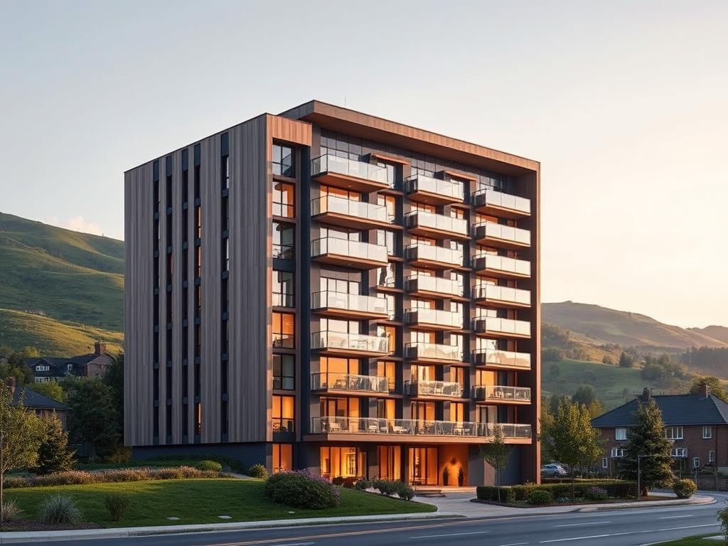 A contemporary and stylish residential building stands tall, its striking architecture blending modern lines with warm, natural materials. Trendhaus Kolbermoor rises against a backdrop of lush, rolling hills, its sleek façade and expansive windows reflecting the surrounding landscape. Soft, diffused lighting illuminates the building's clean-cut silhouette, creating a sense of understated elegance. The scene exudes a harmonious balance of form and function, embodying the successful growth and innovative spirit of this residential development. A tranquil, picturesque setting that captures the essence of Trendhaus' success factors. A contemporary and stylish residential building stands tall, its striking architecture blending modern lines with warm, natural materials. Trendhaus Kolbermoor rises against a backdrop of lush, rolling hills, its sleek façade and expansive windows reflecting the surrounding landscape. Soft, diffused lighting illuminates the building's clean-cut silhouette, creating a sense of understated elegance. The scene exudes a harmonious balance of form and function, embodying the successful growth and innovative spirit of this residential development. A tranquil, picturesque setting that captures the essence of Trendhaus' success factors.