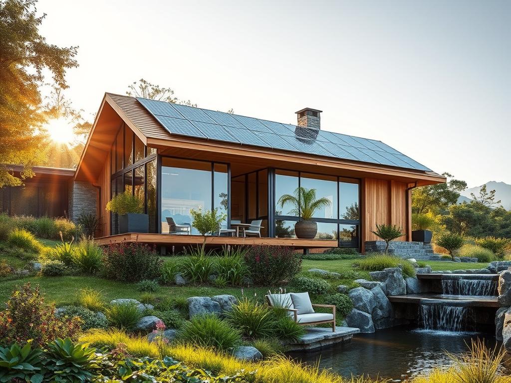 A contemporary eco-friendly house nestled in a lush, verdant landscape. The architectural design features clean lines, large windows, and a blend of natural materials like wood and stone, seamlessly integrating the structure with its surrounding environment. Sunlight filters through the expansive glass walls, casting a warm, inviting glow across the interior spaces. Solar panels adorn the rooftop, harnessing renewable energy. A garden of native flora and a small pond with a tranquil waterfall add to the sustainable, harmonious aesthetic. The overall scene conveys a sense of serenity and a deep connection to the natural world, embodying the principles of environmentally-conscious construction.