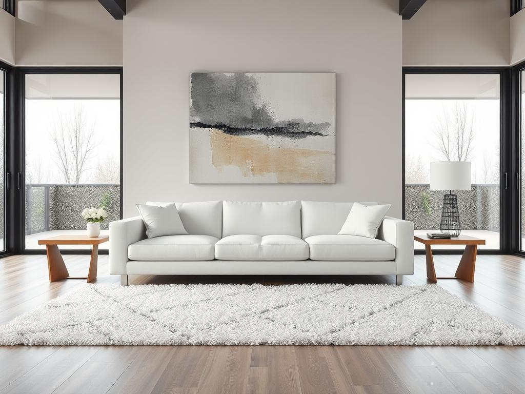 A contemporary living room showcasing the principles of modern wohndesign. In the foreground, a minimalist white sofa with clean lines sits atop a plush, monochrome rug. Flanking the sofa are two sleek, angular side tables made of natural wood and metal. In the middle ground, a large, abstract wall art piece in muted tones of gray and beige creates a focal point, complementing the neutral color palette. The background features floor-to-ceiling windows, allowing natural light to flood the space and highlighting the seamless integration of indoor and outdoor elements. The overall atmosphere exudes a sense of balance, harmony, and timeless elegance, embodying the essence of successful Raumgestaltung. A contemporary living room showcasing the principles of modern wohndesign. In the foreground, a minimalist white sofa with clean lines sits atop a plush, monochrome rug. Flanking the sofa are two sleek, angular side tables made of natural wood and metal. In the middle ground, a large, abstract wall art piece in muted tones of gray and beige creates a focal point, complementing the neutral color palette. The background features floor-to-ceiling windows, allowing natural light to flood the space and highlighting the seamless integration of indoor and outdoor elements. The overall atmosphere exudes a sense of balance, harmony, and timeless elegance, embodying the essence of successful Raumgestaltung.