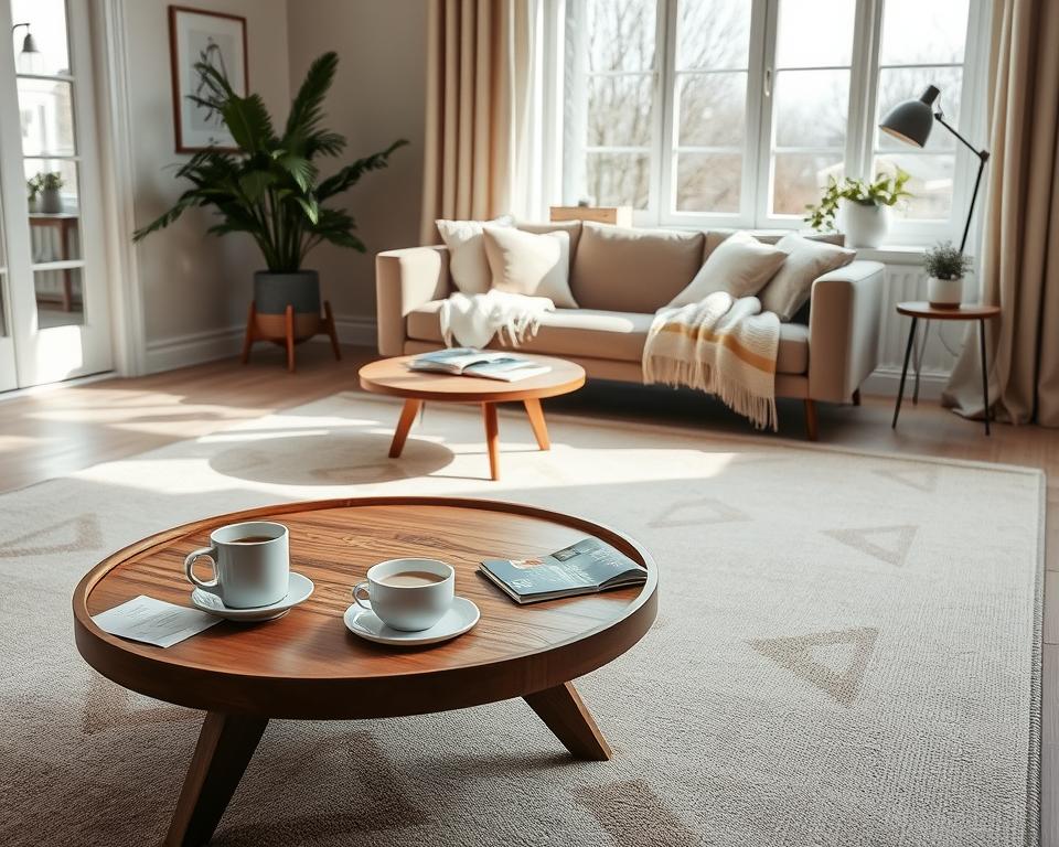 A cozy Scandinavian living room featuring a beautifully designed Nordic rug as the focal point. The rug showcases geometric patterns in soft, muted colors like beige, light gray, and pastel hues, evoking a sense of calm and elegance. In the foreground, place a wooden coffee table with a steaming cup of coffee and a few scattered magazines. In the middle ground, include a comfortable couch adorned with plush pillows and a warm throw blanket, creating an inviting atmosphere. The background should show large windows allowing natural light to flood the room, accentuating the tranquility of the space. Soft shadows add depth, while a gentle morning light enhances the peaceful ambiance, reflecting the timeless and stylish essence of Scandinavian design. A cozy Scandinavian living room featuring a beautifully designed Nordic rug as the focal point. The rug showcases geometric patterns in soft, muted colors like beige, light gray, and pastel hues, evoking a sense of calm and elegance. In the foreground, place a wooden coffee table with a steaming cup of coffee and a few scattered magazines. In the middle ground, include a comfortable couch adorned with plush pillows and a warm throw blanket, creating an inviting atmosphere. The background should show large windows allowing natural light to flood the room, accentuating the tranquility of the space. Soft shadows add depth, while a gentle morning light enhances the peaceful ambiance, reflecting the timeless and stylish essence of Scandinavian design.