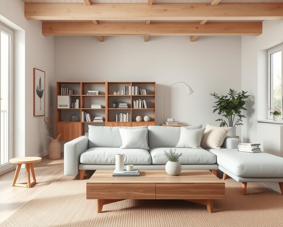 A cozy Scandinavian living room featuring minimalist design elements. In the foreground, a stylish light gray sofa adorned with soft pastel cushions invites relaxation. A low wooden coffee table made from natural materials sits on a warm, textured rug. In the middle ground, a sleek bookshelf displays neatly arranged books and tasteful decor items, while a potted plant adds a touch of nature. The background features large windows that let in soft, diffused daylight, illuminating the space with a serene glow. Light-colored wooden beams run across the ceiling, enhancing the room's airy, calm atmosphere. Overall, the image should convey warmth, functionality, and a connection to nature, evoking the essence of Scandinavian design. A cozy Scandinavian living room featuring minimalist design elements. In the foreground, a stylish light gray sofa adorned with soft pastel cushions invites relaxation. A low wooden coffee table made from natural materials sits on a warm, textured rug. In the middle ground, a sleek bookshelf displays neatly arranged books and tasteful decor items, while a potted plant adds a touch of nature. The background features large windows that let in soft, diffused daylight, illuminating the space with a serene glow. Light-colored wooden beams run across the ceiling, enhancing the room's airy, calm atmosphere. Overall, the image should convey warmth, functionality, and a connection to nature, evoking the essence of Scandinavian design.