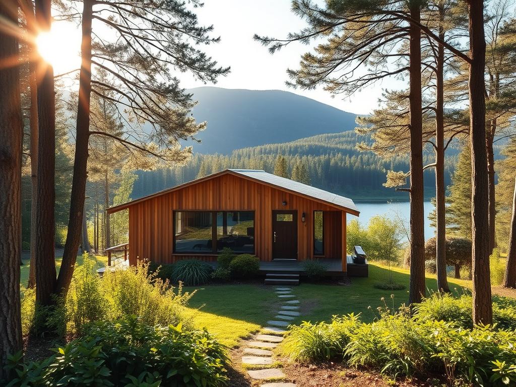 A cozy Scandinavian-style prefab house nestled in a serene, forested landscape. The wooden exterior with its clean lines and large windows blends seamlessly with the natural surroundings. Sunlight filters through the trees, casting a warm, golden glow across the scene. In the foreground, a well-maintained garden with lush greenery and a small path leading to the house's entrance. The middle ground features a tranquil lake reflecting the idyllic setting. In the background, a range of rolling hills covered in dense forest. The overall atmosphere conveys a sense of peaceful, rustic charm, perfect for a serene, comfortable home.