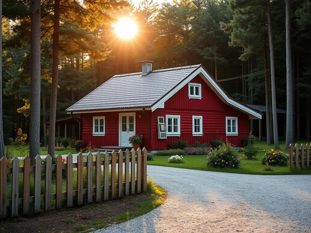 A cozy Swedish-style wooden house nestled in a serene forest clearing, illuminated by warm, golden sunlight filtering through the trees. The house features a charming red exterior with white trim, a pitched roof, and traditional Scandinavian architectural details. In the foreground, a well-tended garden with colorful flowers and a picturesque wooden fence. In the middle ground, a gravel driveway leading up to the house, and in the background, a dense, lush forest backdrop. The scene conveys a sense of tranquility, comfort, and the idyllic essence of the traditional Scandinavian countryside.