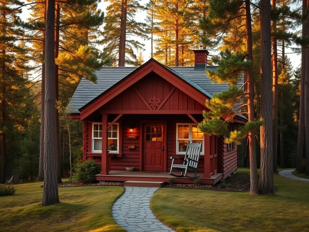 A cozy Swedish wooden cottage nestled in a picturesque forest landscape, bathed in the warm glow of golden hour. The front facade features intricate wood carvings and a charming red-painted exterior, accented by white trim. Tall, stately pine trees surround the house, their branches swaying gently in the breeze. A winding path leads up to the inviting wooden porch, where a rocking chair beckons visitors to sit and take in the serene, idyllic scene. The overall atmosphere conveys a sense of rustic charm, tranquility, and the simple pleasures of Scandinavian living.