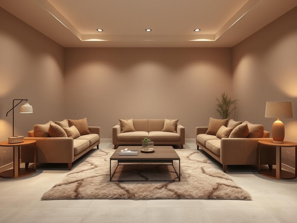 A cozy and harmonious living room in a soothing neutral color palette. The walls are painted in a soft, muted beige, creating a warm and inviting atmosphere. Plush velvet sofas in a complementary taupe hue are arranged in a symmetrical layout, emphasizing the room's balance and elegance. Textured throw pillows and a fluffy area rug in earthy tones tie the space together, while sleek wooden furniture and minimalist decor add a touch of modern sophistication. Indirect lighting from floor lamps and recessed ceiling fixtures casts a gentle, ambient glow, accentuating the room's serene and tranquil ambiance. The overall effect is a harmonious, tone-on-tone living room that exudes comfort, refinement, and a sense of timeless style.