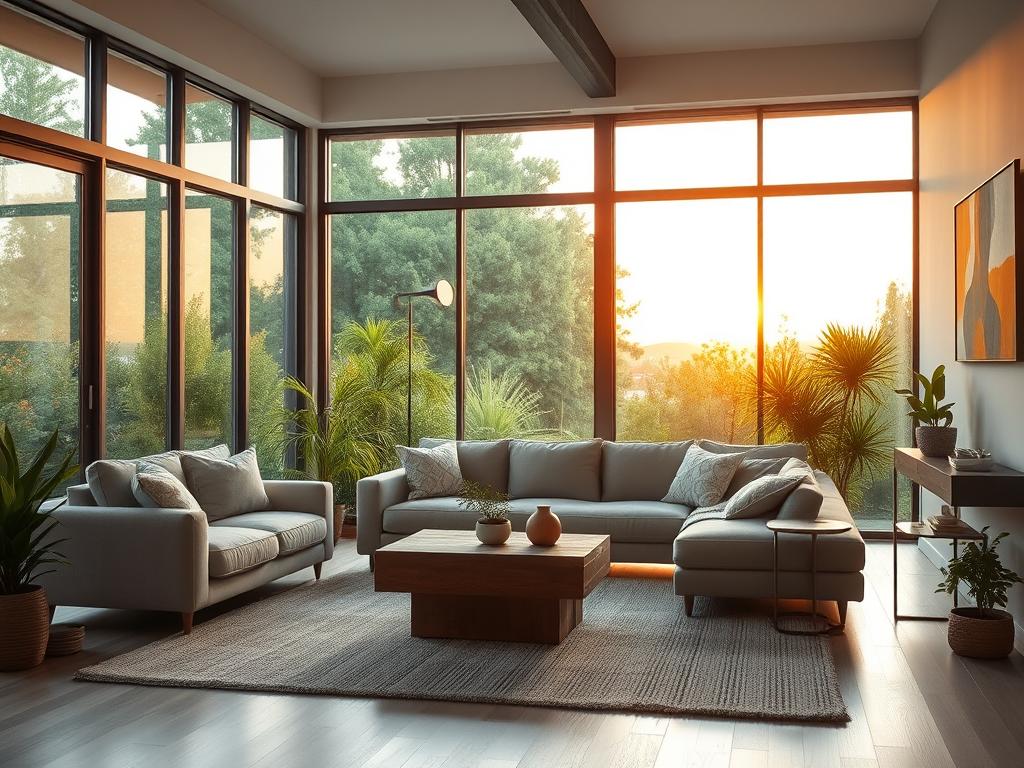 A cozy and inviting living room filled with natural light, showcasing a harmonious blend of style and functionality. The focal point is a plush, modern sofa in a muted neutral tone, complemented by a rustic wooden coffee table and a sleek, minimalist side table. In the background, floor-to-ceiling windows offer a panoramic view of a lush, verdant garden, softly illuminated by the warm glow of a setting sun. Subtle, decorative accents such as a textured area rug, potted plants, and a vibrant piece of abstract art add depth and character to the space. The overall atmosphere is one of understated elegance, where form and function seamlessly intertwine to create a harmonious and inviting living environment.