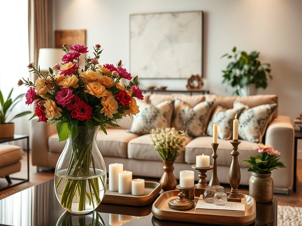 A cozy and inviting living room scene, with a variety of decorative elements thoughtfully arranged. In the foreground, an elegant vase filled with lush, vibrant flowers takes center stage, casting a warm glow from soft lighting above. Surrounding it, an assortment of tasteful home decor items, such as candles, potted plants, and decorative trays, are strategically placed to create a harmonious and visually appealing arrangement. The middle ground features a plush, neutral-toned sofa complemented by decorative throw pillows, while the background showcases a tranquil, minimalist wall with hints of natural wood accents. The overall mood is one of relaxation, comfort, and refined style, inviting the viewer to envision these high-quality deco products enhancing the beauty of their own home. A cozy and inviting living room scene, with a variety of decorative elements thoughtfully arranged. In the foreground, an elegant vase filled with lush, vibrant flowers takes center stage, casting a warm glow from soft lighting above. Surrounding it, an assortment of tasteful home decor items, such as candles, potted plants, and decorative trays, are strategically placed to create a harmonious and visually appealing arrangement. The middle ground features a plush, neutral-toned sofa complemented by decorative throw pillows, while the background showcases a tranquil, minimalist wall with hints of natural wood accents. The overall mood is one of relaxation, comfort, and refined style, inviting the viewer to envision these high-quality deco products enhancing the beauty of their own home.