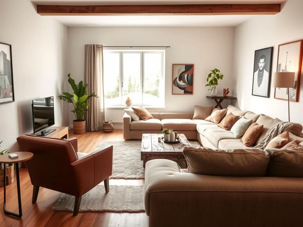 A cozy and inviting living room showcases the diverse range of popular interior design styles found throughout Germany. In the foreground, a mid-century modern armchair with clean lines and a warm leather upholstery sits next to a sleek, minimalist side table. In the middle ground, a rustic wooden coffee table anchors the space, surrounded by a plush, neutral-toned sectional sofa. Across the room, a large window allows natural light to pour in, illuminating the space and highlighting the charming mix of traditional and contemporary elements. The walls are adorned with abstract artwork, reflecting the artistic flair that permeates German design. Soft, ambient lighting casts a soothing glow, creating an atmosphere of comfort and sophistication that embodies the essence of popular interior styles found in Germany.