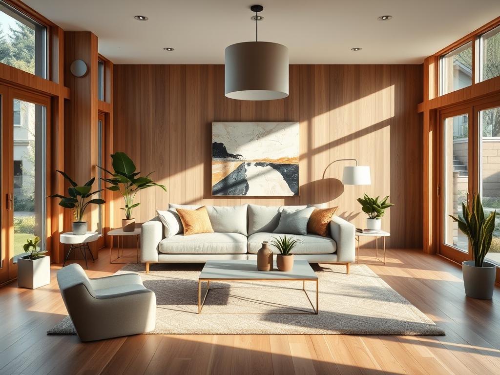 A cozy and inviting living room with natural light streaming through large windows, highlighting the warm wood tones and plush, textured furnishings. A mid-century modern sofa in a neutral palette sits atop a geometric patterned rug, flanked by sleek, angular side tables and a minimalist coffee table. Potted plants and a large piece of abstract art on the wall add pops of greenery and color, creating a harmonious and visually appealing space. The lighting is a combination of recessed ceiling fixtures and a statement pendant lamp, casting a soft, ambient glow throughout the room. The overall atmosphere is one of relaxation and style, reflecting the homeowner's refined aesthetic and attention to detail.