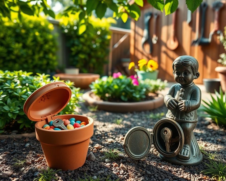 A cozy garden setting showcasing creative key hiding spots. In the foreground, a small flower pot with the lid slightly ajar revealing a key nestled among colorful pebbles. Next to it, a rustic garden statue with a hidden compartment at its base. In the middle ground, vibrant green shrubs and manicured flower beds enhance the atmosphere. The background features a wooden garden shed with tools hanging on the walls, adding charm. Soft, natural sunlight filters through the leaves, casting dappled shadows on the ground. The scene evokes a sense of security and cleverness, inviting viewers to explore the creative ways keys can be hidden in their own gardens, ensuring both beauty and safety.