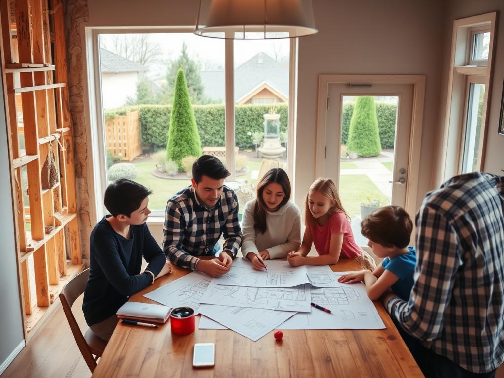 A cozy home renovation scene, captured in a warm, inviting light. In the foreground, a family gathers around a table, poring over blueprints and sketches, planning their dream home renovation. The middle ground showcases a partially dismantled wall, exposing the inner workings of the structure, hinting at the transformation to come. In the background, a window offers a glimpse of the exterior, where a manicured garden and a picturesque neighborhood set the stage for this exciting home improvement project. The overall atmosphere conveys a sense of anticipation and the thrill of embarking on a transformative journey, as the family embarks on the first steps of their successful home renovation.
