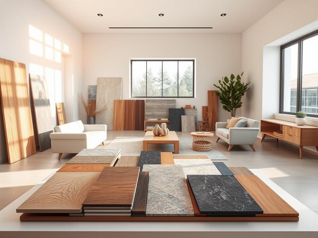 A cozy interior showcase of various material options for a modern home construction project. In the foreground, an assortment of wood, stone, and tile samples are artfully displayed on a minimalist table, allowing the rich textures and natural tones to shine. In the middle ground, a large window floods the space with warm, diffused daylight, casting soft shadows and highlighting the materiality. The background features clean, white walls and simple, elegant furnishings, creating a serene, gallery-like atmosphere that allows the material samples to be the true focal point. The overall composition conveys a sense of thoughtful curation, inviting the viewer to closely examine the different building material choices for an upcoming home construction or renovation. A cozy interior showcase of various material options for a modern home construction project. In the foreground, an assortment of wood, stone, and tile samples are artfully displayed on a minimalist table, allowing the rich textures and natural tones to shine. In the middle ground, a large window floods the space with warm, diffused daylight, casting soft shadows and highlighting the materiality. The background features clean, white walls and simple, elegant furnishings, creating a serene, gallery-like atmosphere that allows the material samples to be the true focal point. The overall composition conveys a sense of thoughtful curation, inviting the viewer to closely examine the different building material choices for an upcoming home construction or renovation.