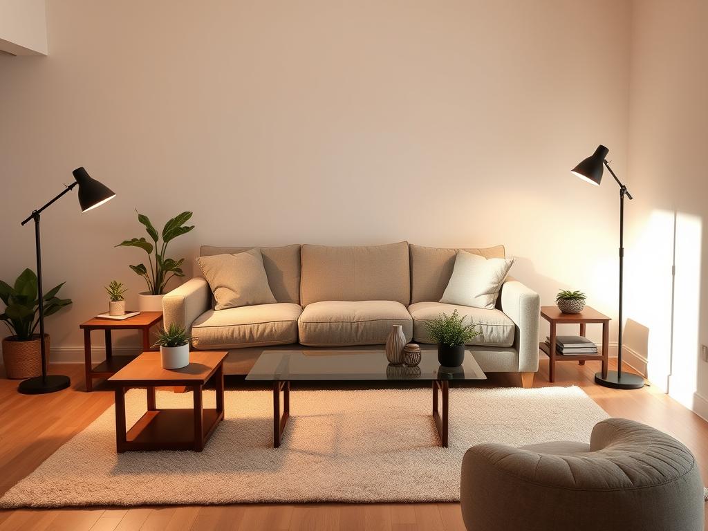 A cozy, inviting living room with a modern, minimalist design aesthetic. A large, plush gray sofa takes center stage, surrounded by a pair of sleek, walnut-toned end tables. A low-profile, glass-topped coffee table sits atop a soft, cream-colored area rug. The room is bathed in warm, diffuse lighting from a pair of adjustable floor lamps with matte black frames. Potted plants and a few carefully curated decorative items add pops of greenery and visual interest. The walls are painted in a soothing, neutral tone, creating a tranquil, harmonious atmosphere. An open, airy feel pervades the space, giving the impression of a cleverly optimized, highly livable small living area. A cozy, inviting living room with a modern, minimalist design aesthetic. A large, plush gray sofa takes center stage, surrounded by a pair of sleek, walnut-toned end tables. A low-profile, glass-topped coffee table sits atop a soft, cream-colored area rug. The room is bathed in warm, diffuse lighting from a pair of adjustable floor lamps with matte black frames. Potted plants and a few carefully curated decorative items add pops of greenery and visual interest. The walls are painted in a soothing, neutral tone, creating a tranquil, harmonious atmosphere. An open, airy feel pervades the space, giving the impression of a cleverly optimized, highly livable small living area.