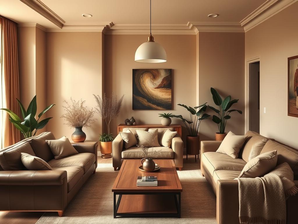A cozy living room bathed in warm, neutral tones, creating a harmonious, serene atmosphere. The walls are painted in a soft, earthy beige, complemented by rich, chocolate-brown leather furniture and plush, oatmeal-colored textiles. Subtle metallic accents, such as brass or copper, add a touch of elegance, while natural elements, like a wooden coffee table and potted plants, bring a sense of balance and tranquility. Soft, diffused lighting from a central pendant fixture casts a gentle glow, highlighting the room's cohesive, tone-on-tone design. The overall effect is one of understated sophistication and calming comfort.
