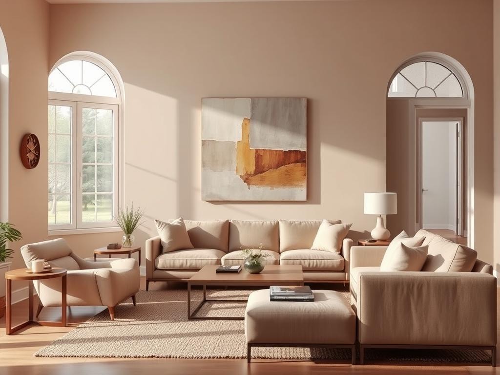 A cozy living room in a soothing, harmonious tone-on-tone color palette. In the foreground, a plush, deep-seated sofa and matching armchair upholstered in a soft, muted hue, inviting relaxation. Sleek, wooden side tables and a minimalist coffee table in a complementary shade complete the seating area. In the middle ground, a large, abstract artwork in shades of the same neutral tone hangs on the wall, creating a focal point. The background features tall, arched windows allowing natural light to flood the space, illuminating the room in a warm, gentle glow. Subtle textural accents, such as a woven area rug and plush throw pillows, add depth and dimension to the cohesive, sophisticated atmosphere.