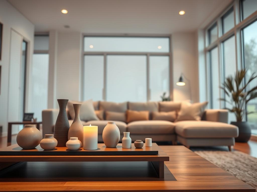 A cozy living room setting with a modern, minimalist aesthetic. In the foreground, a neatly arranged display of decorative items, from vases and candles to small figurines, sits atop a sleek, wooden coffee table. Warm, indirect lighting casts a soft glow, creating a welcoming ambiance. The middle ground features a comfortable, plush sofa in a neutral color, inviting the viewer to imagine themselves relaxing in this space. The background showcases large windows, allowing natural light to filter in and highlighting the clean, uncluttered design of the room. The overall impression is one of sophisticated simplicity, where the decorative elements seamlessly blend with the architectural elements to create a harmonious, visually pleasing environment. A cozy living room setting with a modern, minimalist aesthetic. In the foreground, a neatly arranged display of decorative items, from vases and candles to small figurines, sits atop a sleek, wooden coffee table. Warm, indirect lighting casts a soft glow, creating a welcoming ambiance. The middle ground features a comfortable, plush sofa in a neutral color, inviting the viewer to imagine themselves relaxing in this space. The background showcases large windows, allowing natural light to filter in and highlighting the clean, uncluttered design of the room. The overall impression is one of sophisticated simplicity, where the decorative elements seamlessly blend with the architectural elements to create a harmonious, visually pleasing environment.