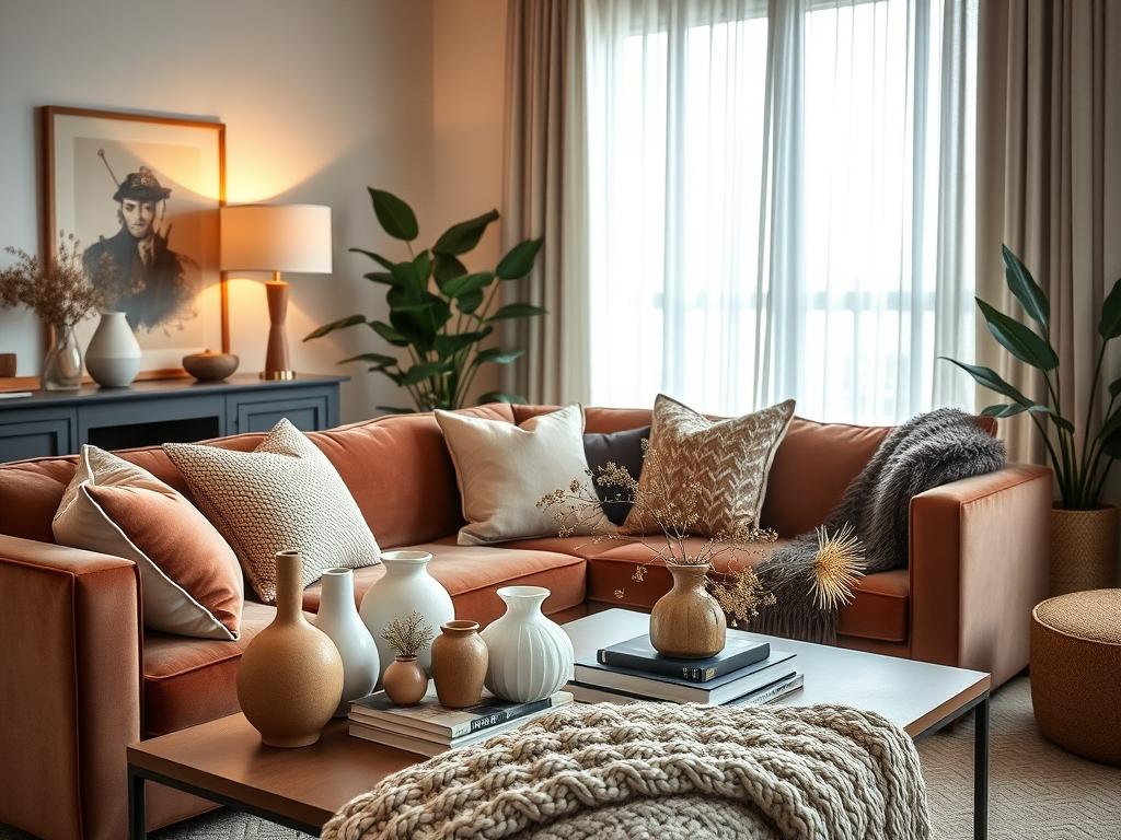 A cozy living room with a variety of decorative elements arranged tastefully. In the foreground, a plush velvet sofa adorned with soft, colorful pillows and a chunky knitted throw. On the coffee table, a collection of artfully styled vases, books, and a delicate floral arrangement. The middle ground features a tall potted plant, a floor lamp with a warm, ambient glow, and a statement piece of wall art. The background showcases a large window with sheer curtains, allowing natural light to filter in and create a serene, inviting atmosphere. The color palette is muted and earthy, conveying a sense of comfort and sophistication. The overall scene exudes a harmonious, visually pleasing aesthetic that inspires and uplifts the sviewer. A cozy living room with a variety of decorative elements arranged tastefully. In the foreground, a plush velvet sofa adorned with soft, colorful pillows and a chunky knitted throw. On the coffee table, a collection of artfully styled vases, books, and a delicate floral arrangement. The middle ground features a tall potted plant, a floor lamp with a warm, ambient glow, and a statement piece of wall art. The background showcases a large window with sheer curtains, allowing natural light to filter in and create a serene, inviting atmosphere. The color palette is muted and earthy, conveying a sense of comfort and sophistication. The overall scene exudes a harmonious, visually pleasing aesthetic that inspires and uplifts the sviewer.