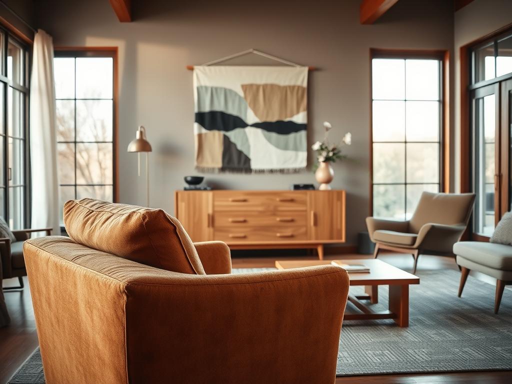 A cozy living room with a warm, inviting ambiance. In the foreground, a plush, oversized armchair in a rich, earthy tone sits prominently, inviting the viewer to sink in and relax. Behind it, a mid-century modern credenza in a sleek, natural wood finish serves as a focal point, complemented by a striking, abstract wall hanging in muted hues. The middle ground features a low, minimalist coffee table, its clean lines and light wood tone echoing the credenza. In the background, large windows flood the space with soft, natural light, casting a gentle glow and creating a sense of tranquility. The overall atmosphere evokes a harmonious blend of modern and traditional elements, reflecting a personal, thoughtful approach to interior design.