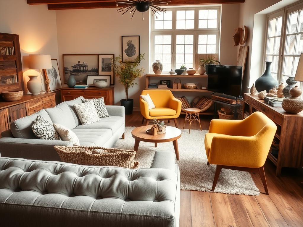 A cozy living room with an array of inviting furnishings that capture the essence of "Einrichtungsstil". In the foreground, a plush, tufted sofa in a neutral tone, complemented by a set of mid-century modern armchairs in a warm shade of ochre. On the far side, a rustic wooden sideboard displays an eclectic mix of decor pieces, from a sleek vase to a collection of artisanal pottery. The warm, ambient lighting casts a soft, inviting glow, while large windows allow natural light to filter in, illuminating the space. The overall atmosphere is one of comfort, style, and personal expression, reflecting the homeowner's unique personality and design sensibilities.