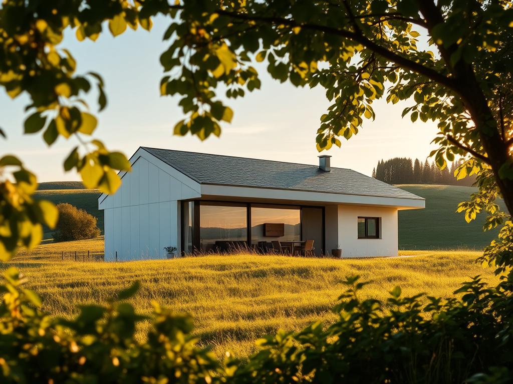 A cozy, modern prefab home nestled in a serene, rolling countryside. The Mythen Fertighaus stands proudly, its sleek, minimalist facade bathed in warm, golden sunlight. Lush, verdant foliage frames the scene, creating a harmonious blend of nature and architecture. The home's clean lines and large windows reflect the sky, blurring the boundaries between indoor and outdoor spaces. A sense of tranquility and simplicity pervades the image, challenging common misconceptions about prefab homes. The viewer is left with a feeling of comfort and the possibility of realizing their dream home, free from the constraints of traditional construction. A cozy, modern prefab home nestled in a serene, rolling countryside. The Mythen Fertighaus stands proudly, its sleek, minimalist facade bathed in warm, golden sunlight. Lush, verdant foliage frames the scene, creating a harmonious blend of nature and architecture. The home's clean lines and large windows reflect the sky, blurring the boundaries between indoor and outdoor spaces. A sense of tranquility and simplicity pervades the image, challenging common misconceptions about prefab homes. The viewer is left with a feeling of comfort and the possibility of realizing their dream home, free from the constraints of traditional construction.