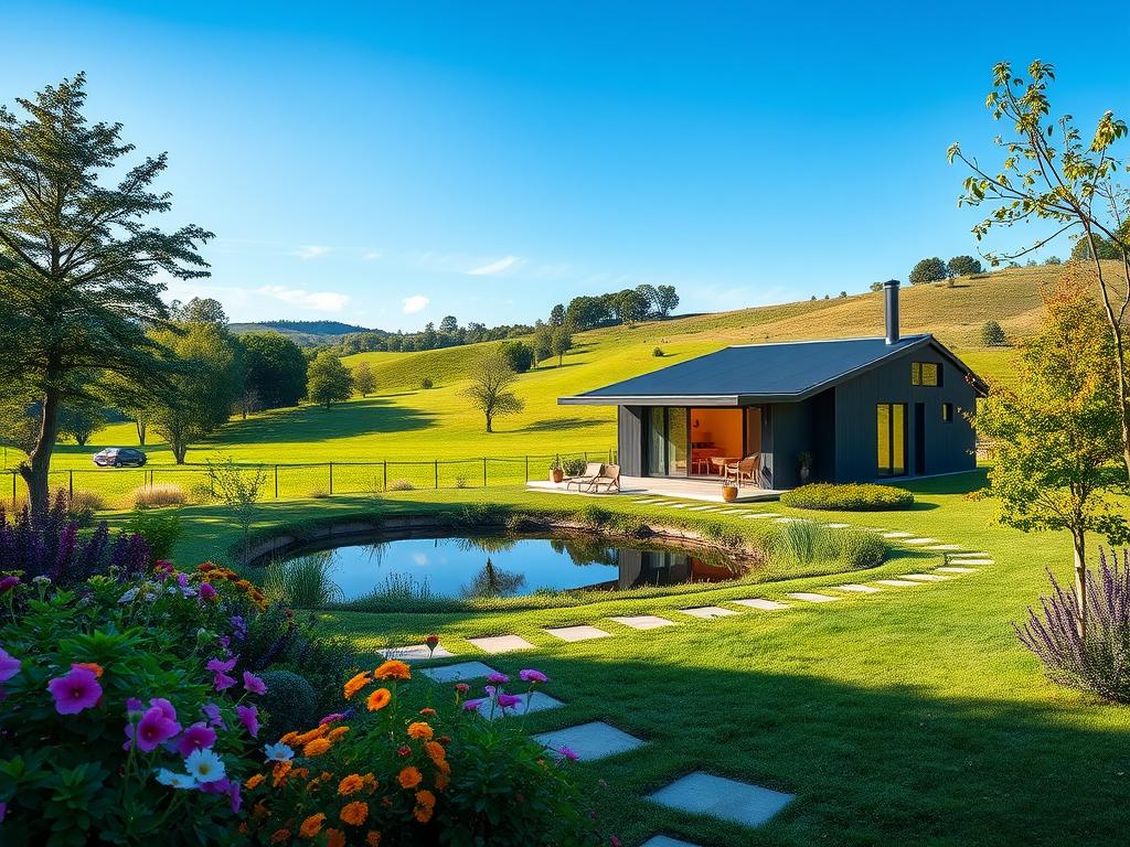 A cozy, modern prefab house nestled in a picturesque countryside setting. The warm glow of natural light pours in through large, energy-efficient windows, illuminating the sleek, minimalist interior. In the foreground, a well-manicured garden with vibrant flowers and a meandering path leads to the house's inviting entrance. The middle ground features a tranquil pond reflecting the surrounding trees and blue sky. In the background, rolling hills dotted with lush greenery create a serene, pastoral backdrop. The scene conveys a sense of comfort, sustainability, and harmony with the natural environment - an ideal representation of the "Fertighaus" dream realized. A cozy, modern prefab house nestled in a picturesque countryside setting. The warm glow of natural light pours in through large, energy-efficient windows, illuminating the sleek, minimalist interior. In the foreground, a well-manicured garden with vibrant flowers and a meandering path leads to the house's inviting entrance. The middle ground features a tranquil pond reflecting the surrounding trees and blue sky. In the background, rolling hills dotted with lush greenery create a serene, pastoral backdrop. The scene conveys a sense of comfort, sustainability, and harmony with the natural environment - an ideal representation of the "Fertighaus" dream realized.