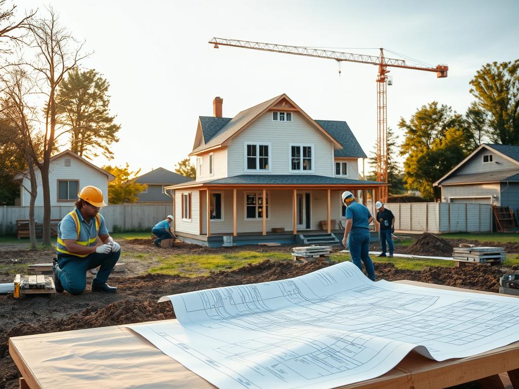 A cozy suburban home, its foundation freshly laid, surrounded by a flurry of construction activity. In the foreground, a team of hardhat-clad workers carefully measuring and marking the site, their tools glinting in the warm afternoon sun. The middle ground features a detailed blueprint unfurled on a makeshift table, engineers poring over the plans, discussing the next steps. In the background, a crane towers overhead, its arm swinging gracefully as it lifts materials to the partially framed structure. The scene conveys a sense of progress and anticipation, the early stages of a journey towards a family's dream home. Soft, diffused lighting casts a contemplative mood, inviting the viewer to imagine the future inhabitants unpacking their first boxes in this newly built abode.