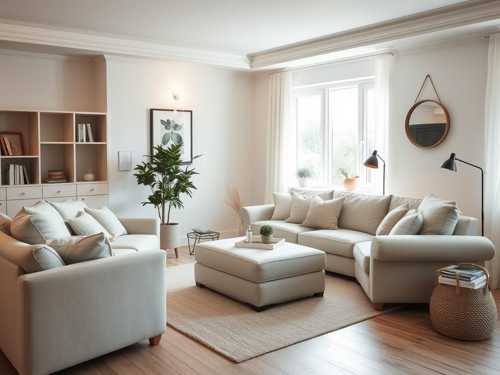 A cozy, well-appointed living room in a soothing, monochromatic color palette. Plush, neutral-toned furniture including a comfortable sofa, armchair, and ottoman arranged in a inviting semicircle. Warm, indirect lighting casts a gentle glow, highlighting the room's harmonious tone-on-tone design. Natural elements like a potted plant and woven basket add texture and visual interest. The overall atmosphere is one of understated elegance and tranquility, perfectly capturing the essence of a "Ton-in-Ton Wohnzimmer".
