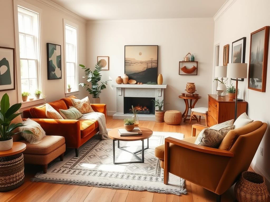 A cozy, well-appointed living room reflecting the owner's personal style. Warm, muted color palette with earthy tones and natural textures. Plush velvet sofa and armchair, complemented by wooden furniture and woven accents. Ample natural light streams through large windows, casting a soft, diffused glow. Carefully curated artwork and decorative pieces adorn the walls, creating a harmonious, inviting ambiance. Throw pillows, a fluffy rug, and potted plants add personal touches that imbue the space with character and coziness. The overall aesthetic conveys a sense of comfort, individuality, and refined elegance.