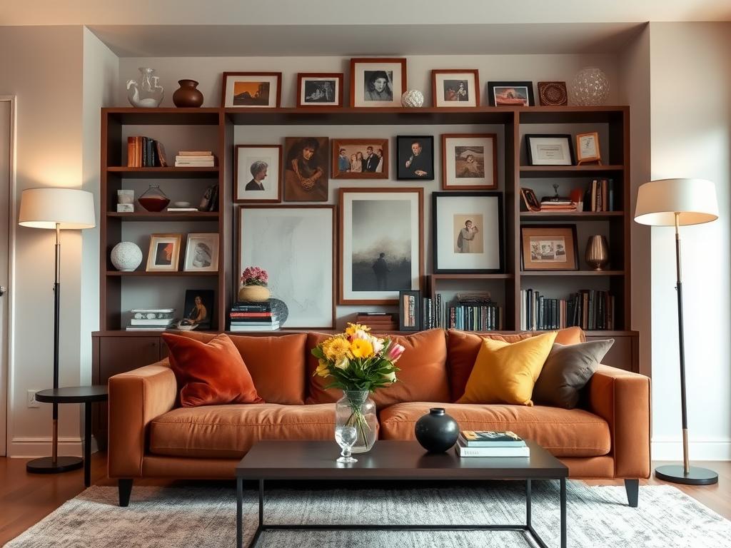 A cozy, well-appointed living room with a warm, inviting ambiance. In the foreground, a plush, modern sofa in a rich, earthy tone sits atop a soft, textured area rug. Accent pillows in complementary hues add pops of color. On the coffee table, a striking glass vase holds a bouquet of fresh flowers. In the middle ground, built-in shelves display an eclectic mix of decorative objects, personal mementos, and carefully curated books. The walls are adorned with a collection of framed artwork, each piece reflecting the resident's unique style and personality. Soft, diffused lighting from a pair of sleek, contemporary floor lamps creates a serene, relaxing atmosphere. The overall scene conveys a sense of effortless sophistication and individuality. A cozy, well-appointed living room with a warm, inviting ambiance. In the foreground, a plush, modern sofa in a rich, earthy tone sits atop a soft, textured area rug. Accent pillows in complementary hues add pops of color. On the coffee table, a striking glass vase holds a bouquet of fresh flowers. In the middle ground, built-in shelves display an eclectic mix of decorative objects, personal mementos, and carefully curated books. The walls are adorned with a collection of framed artwork, each piece reflecting the resident's unique style and personality. Soft, diffused lighting from a pair of sleek, contemporary floor lamps creates a serene, relaxing atmosphere. The overall scene conveys a sense of effortless sophistication and individuality.