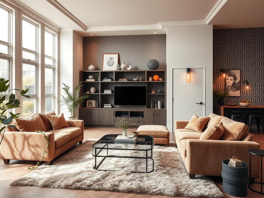 A cozy, well-designed living room showcasing the latest 2023 home decor trends. In the foreground, plush velvet sofas in muted earth tones are tastefully arranged around a minimalist glass coffee table. Trailing plants and a fluffy area rug add warmth and texture. The middle ground features built-in bookshelves displaying decorative ceramics, framed artwork, and sleek lighting fixtures. Warm, diffused light filters in through large windows, casting a soft glow over the space. In the background, a feature wall with a bold geometric wallpaper pattern creates visual interest and anchors the room. The overall atmosphere is one of refined sophistication and contemporary elegance. A cozy, well-designed living room showcasing the latest 2023 home decor trends. In the foreground, plush velvet sofas in muted earth tones are tastefully arranged around a minimalist glass coffee table. Trailing plants and a fluffy area rug add warmth and texture. The middle ground features built-in bookshelves displaying decorative ceramics, framed artwork, and sleek lighting fixtures. Warm, diffused light filters in through large windows, casting a soft glow over the space. In the background, a feature wall with a bold geometric wallpaper pattern creates visual interest and anchors the room. The overall atmosphere is one of refined sophistication and contemporary elegance.