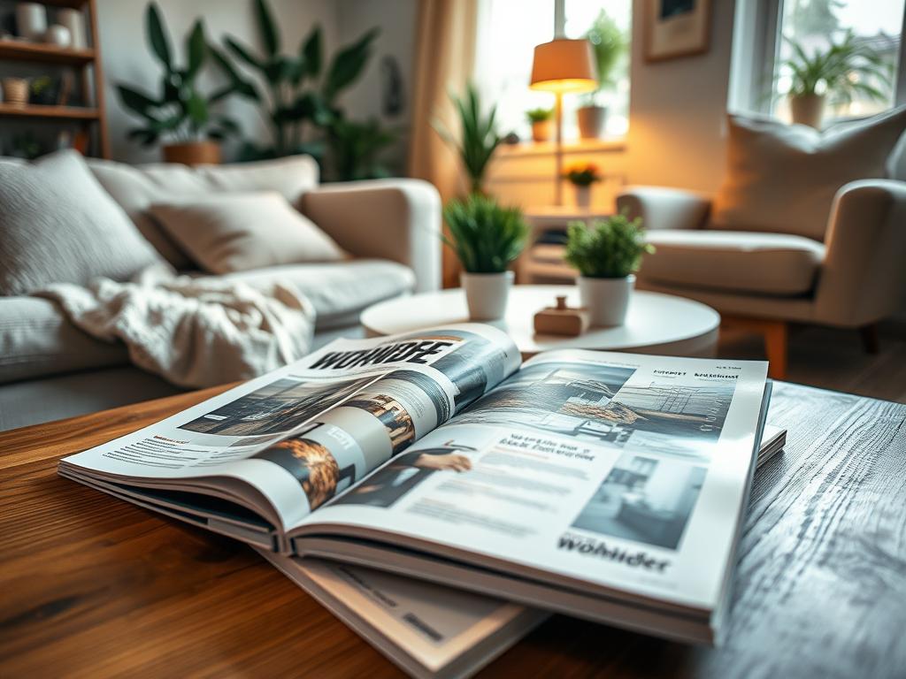 A cozy, well-lit living room scene featuring an open, glossy magazine titled "Wohnidee Zeitschrift" with its current issue prominently displayed. Soft, warm lighting casts a gentle glow, creating an inviting and comfortable atmosphere. The magazine is positioned on a wooden coffee table, surrounded by plush, neutral-toned furnishings such as a sofa, armchair, and decorative pillows. Potted plants and other natural elements add to the soothing, homely ambiance. The camera angle provides a close-up, eye-level view, allowing the reader to envision themselves immersed in the cozy, inspirational setting. A cozy, well-lit living room scene featuring an open, glossy magazine titled "Wohnidee Zeitschrift" with its current issue prominently displayed. Soft, warm lighting casts a gentle glow, creating an inviting and comfortable atmosphere. The magazine is positioned on a wooden coffee table, surrounded by plush, neutral-toned furnishings such as a sofa, armchair, and decorative pillows. Potted plants and other natural elements add to the soothing, homely ambiance. The camera angle provides a close-up, eye-level view, allowing the reader to envision themselves immersed in the cozy, inspirational setting.