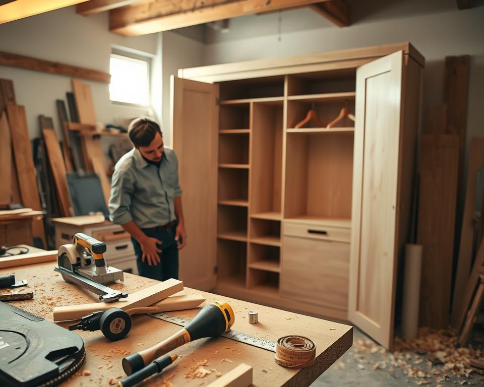 A cozy workshop scene showcasing a person in professional casual attire, focused on building a custom fitted wardrobe. In the foreground, a workbench is cluttered with tools like a saw, hammer, and measuring tape, alongside wooden panels cut to size. The middle ground features the nearly completed built-in wardrobe, with shelves and hangers visible, highlighting craftsmanship. In the background, warm light filters through a window, illuminating wood shavings and creating a vibrant atmosphere. The overall mood is one of creativity and skill, emphasizing the satisfaction of DIY projects. The scene is captured from a slightly elevated angle to provide a comprehensive view of the workspace.