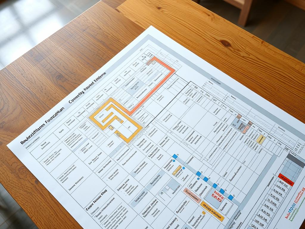 A detailed Bauzeitplan, or construction timeline, displayed on a well-lit wooden table. The plan outlines the various stages of a home-building project, including foundation work, framing, roofing, and interior finishes. The document features precise schematics, with color-coded sections and annotations detailing timelines and dependencies. The overall mood is one of organization and methodical planning, reflecting the careful preparation required for a successful self-build project. The image is captured from a high angle, providing a comprehensive view of the comprehensive planning document. A detailed Bauzeitplan, or construction timeline, displayed on a well-lit wooden table. The plan outlines the various stages of a home-building project, including foundation work, framing, roofing, and interior finishes. The document features precise schematics, with color-coded sections and annotations detailing timelines and dependencies. The overall mood is one of organization and methodical planning, reflecting the careful preparation required for a successful self-build project. The image is captured from a high angle, providing a comprehensive view of the comprehensive planning document.