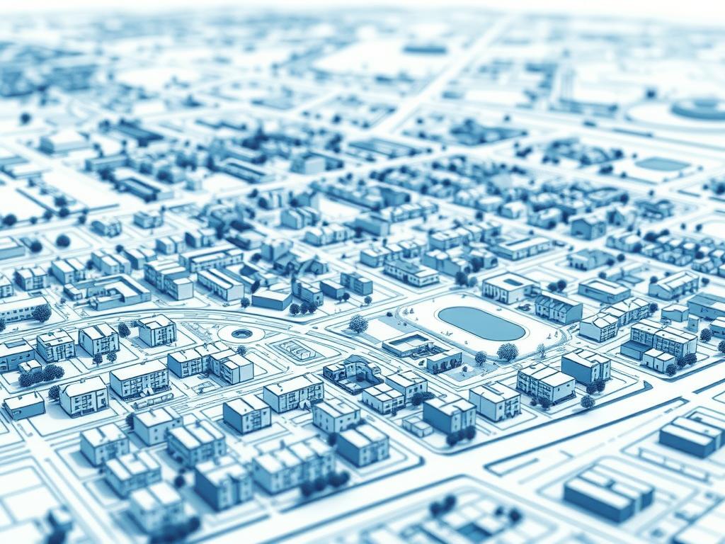 A detailed and technical architectural illustration of "Bebauungsplan Symbole" in a high-contrast, blueprint-like style. The foreground depicts a variety of standardized urban planning symbols, including residential, commercial, and infrastructure elements, rendered with precision and clarity. The middle ground showcases the layout of a town or city, with buildings, roads, and green spaces artfully arranged. The background features a softly blurred, faded grid pattern that evokes the technical nature of urban design. The lighting is cool and even, emphasizing the technical and analytical nature of the subject matter. The overall atmosphere conveys a sense of order, structure, and attention to detail, suitable for an educational article on understanding the legend of a Bebauungsplan.