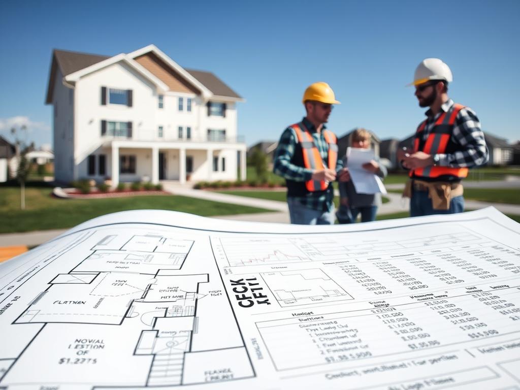 A detailed architectural blueprint depicting the construction costs of a modern, two-story family home. The blueprint fills the foreground, showcasing the floor plans, material estimates, and budgetary breakdowns. In the middle ground, a team of construction workers carefully review the plans, discussing the financial implications. The background features a serene suburban landscape, with neatly manicured lawns and a clear, blue sky, conveying a sense of tranquility and stability. The overall mood is one of careful planning and financial responsibility, reflecting the importance of thorough budgeting for a successful home-building project.