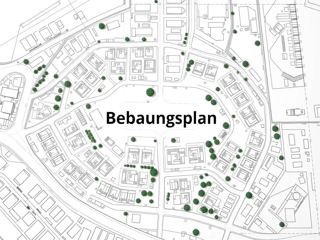 A detailed architectural plan depicting a residential development, with a prominent title "Bebauungsplan" at the center. The plan shows the layout of buildings, roads, and green spaces in a high-contrast, technical style with clean lines and precise geometrical forms. The background is a soft, neutral tone, allowing the plan to stand out. The overall mood is one of seriousness and professionalism, conveying the importance of understanding urban planning regulations. The image is presented as a digital rendering, with a sense of depth and perspective to provide a comprehensive view of the development. A detailed architectural plan depicting a residential development, with a prominent title "Bebauungsplan" at the center. The plan shows the layout of buildings, roads, and green spaces in a high-contrast, technical style with clean lines and precise geometrical forms. The background is a soft, neutral tone, allowing the plan to stand out. The overall mood is one of seriousness and professionalism, conveying the importance of understanding urban planning regulations. The image is presented as a digital rendering, with a sense of depth and perspective to provide a comprehensive view of the development.
