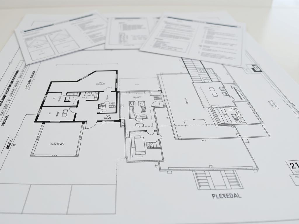 A detailed architectural plan for a house, meticulously drafted on a large blueprint paper. The plan showcases the floor layouts, elevations, and cross-sections of the building, with precise dimensions and technical specifications. The foreground features the main plan, rendered in precise lines and measurements, with various design elements like windows, doors, and structural components clearly delineated. The middle ground showcases additional supporting documents, such as material specifications, cost estimates, and construction timelines, neatly organized and attached to the main plan. The background is a clean, neutral workspace, with a sense of order and professionalism, allowing the focus to remain on the intricately detailed house plan. The overall mood is one of thoughtful planning, careful consideration, and a commitment to delivering a high-quality construction project.