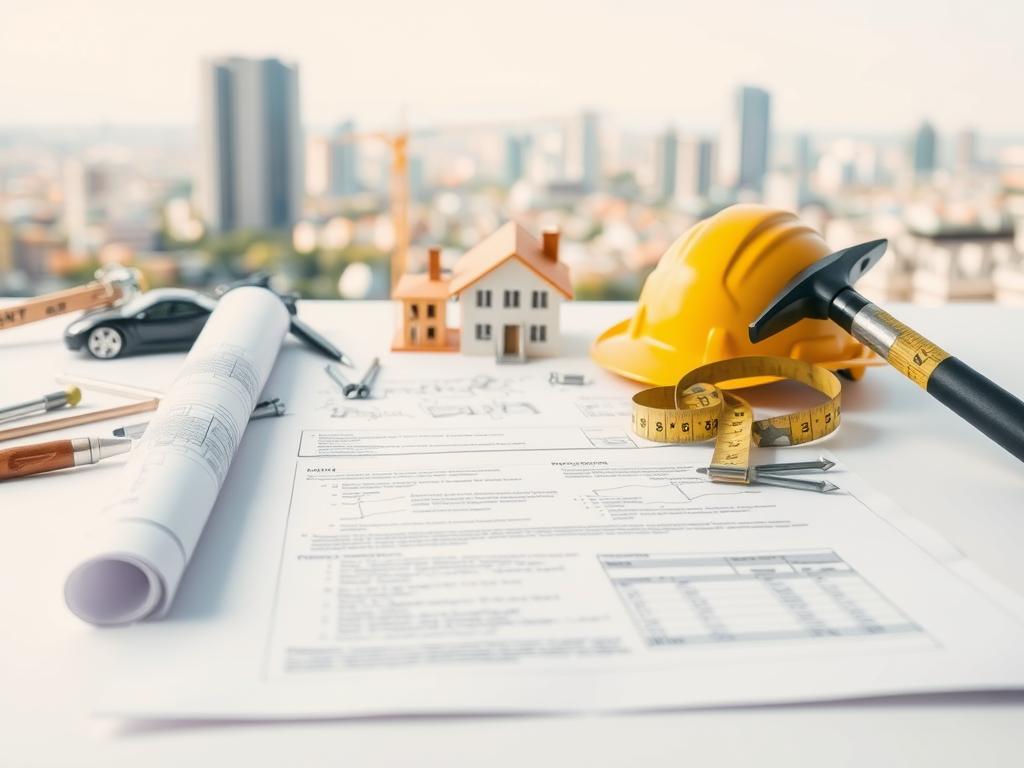 A detailed checklist for house construction, meticulously laid out on a crisp, white background. In the foreground, a blueprint unfurls, showcasing precise architectural plans. Surrounding it, an array of construction tools - hammers, nails, tape measures - arranged in a neat, organized manner, suggesting a methodical approach. The middle ground features a trio of architectural icons - a house, a crane, and a hard hat - all rendered in muted, earthy tones to complement the overall aesthetic. In the background, a softly blurred cityscape provides a subtle contextual cue, hinting at the larger urban environment in which this construction project is situated. The lighting is clean and natural, casting a sense of clarity and focus on the scene. The overall impression is one of meticulous planning, attention to detail, and a commitment to ensuring a successful and well-executed house-building process. A detailed checklist for house construction, meticulously laid out on a crisp, white background. In the foreground, a blueprint unfurls, showcasing precise architectural plans. Surrounding it, an array of construction tools - hammers, nails, tape measures - arranged in a neat, organized manner, suggesting a methodical approach. The middle ground features a trio of architectural icons - a house, a crane, and a hard hat - all rendered in muted, earthy tones to complement the overall aesthetic. In the background, a softly blurred cityscape provides a subtle contextual cue, hinting at the larger urban environment in which this construction project is situated. The lighting is clean and natural, casting a sense of clarity and focus on the scene. The overall impression is one of meticulous planning, attention to detail, and a commitment to ensuring a successful and well-executed house-building process.