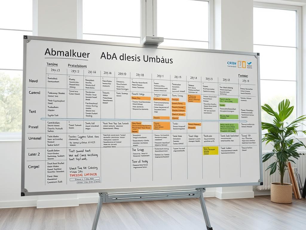 A detailed construction timeline displayed on a large whiteboard, with various milestones, deadlines, and color-coded phases of a comprehensive home renovation project. The timeline is annotated with specific tasks, materials, and labor requirements, creating a clear visual roadmap for the "Ablauf des Umbaus". The board is set against a minimalist, well-lit office backdrop, with natural light flooding in through large windows. The scene conveys a sense of organized planning and efficient project management, reflecting the subject matter of the article section.