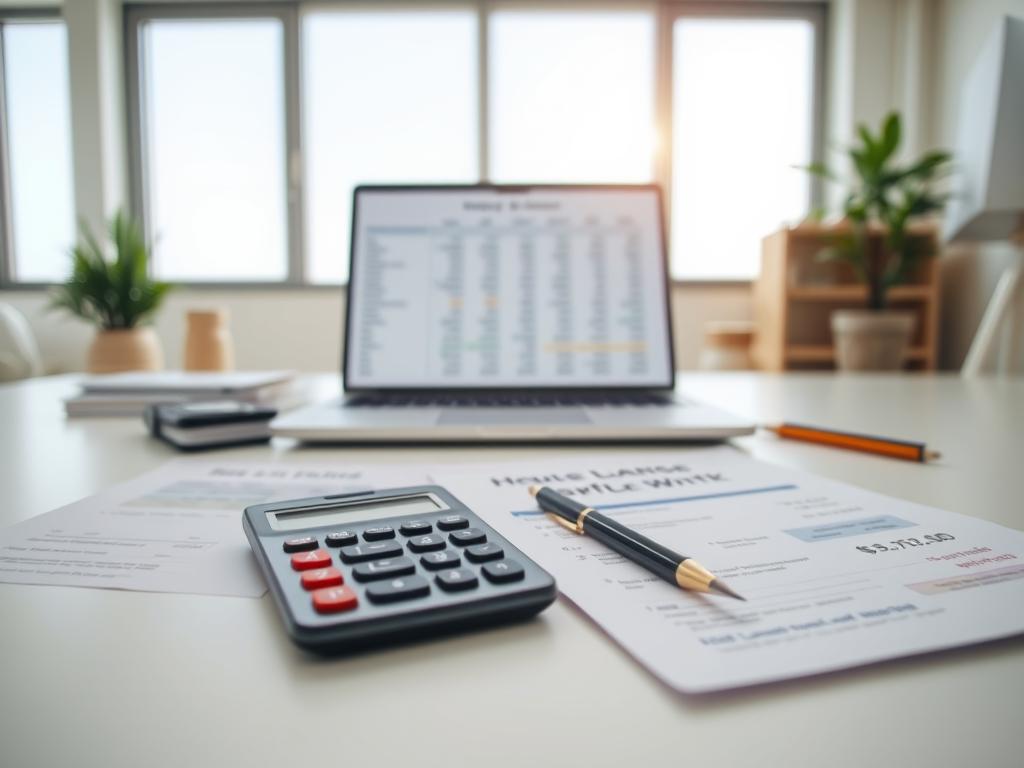 A detailed plan for house financing displayed on a clean, minimalist desk. In the foreground, a calculator, pen, and financial documents are neatly arranged, conveying an organized and efficient approach. The middle ground features a laptop open to a spreadsheet, with various budget projections and loan calculations. In the background, a large window allows natural light to flood the scene, creating a bright and airy atmosphere. The overall mood is one of focused determination and careful planning, reflecting the careful consideration required for a successful home construction project.